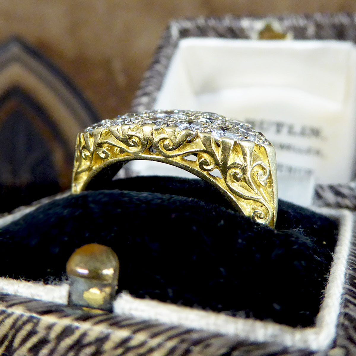 1.40ct Diamond Three Row Cluster Ring with Detailed Gallery in 18ct Yellow Gold - Wharfedale Antiques