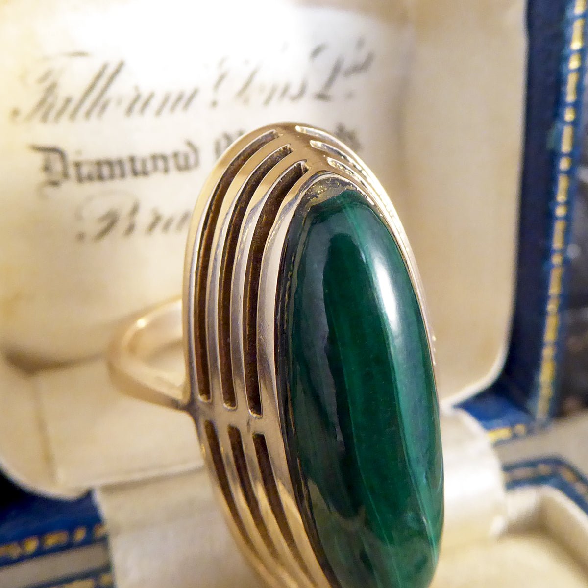 Art Deco High Set Malachite Ring in 9ct Yellow Gold - Wharfedale Antiques