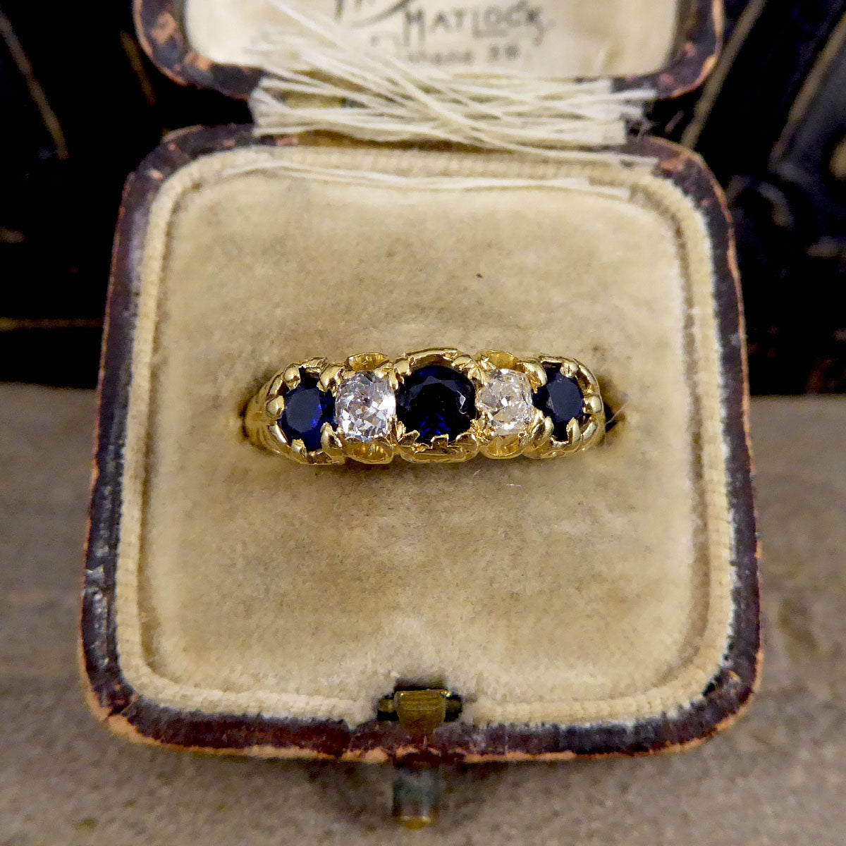 Antique Late Victorian Sapphire and Diamond Five Stone Ring in 18ct Yellow Gold - Wharfedale Antiques