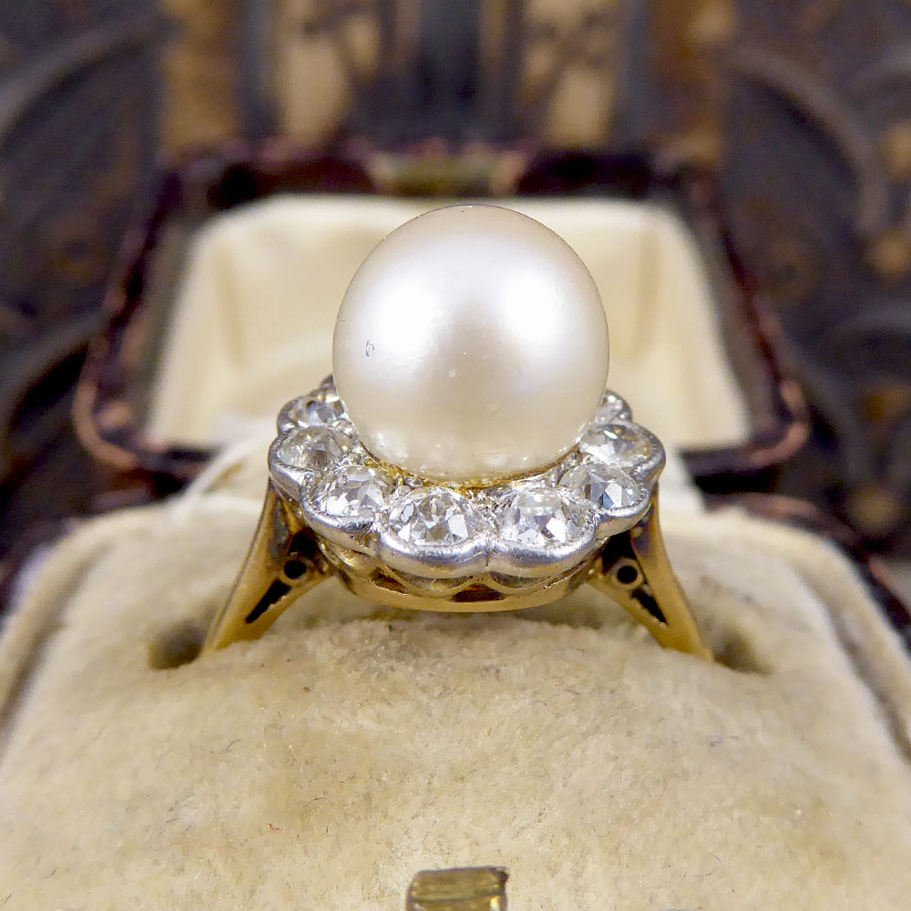 1930's Cultured Pearl and Diamond Cluster Ring in 18ct Gold - Wharfedale Antiques