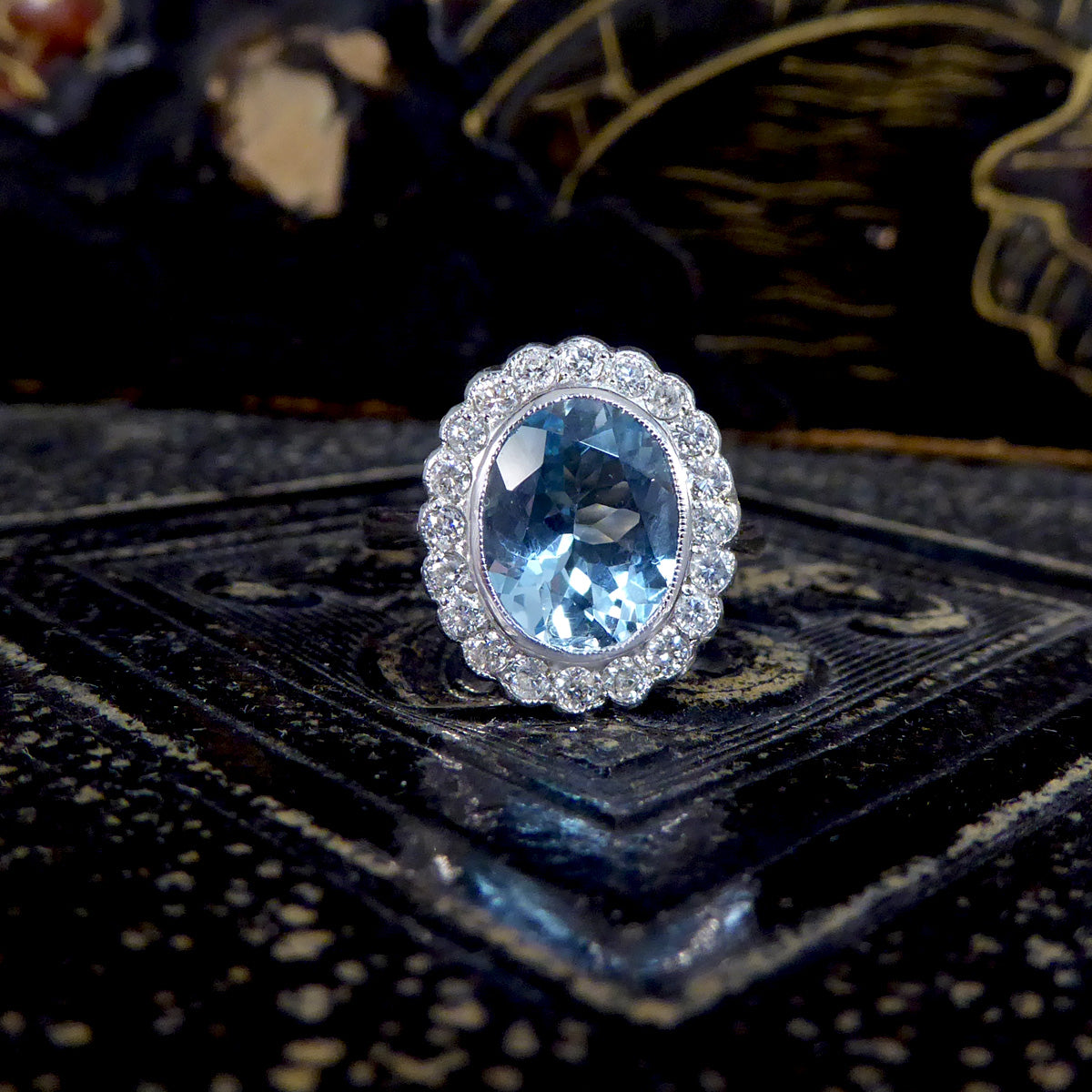 Edwardian Inspired 2.25ct Aquamarine and Diamond Cluster Ring in Platinum - Wharfedale Antiques