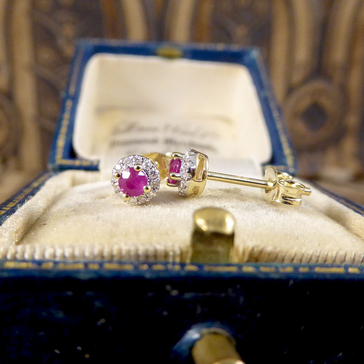 Ruby and Diamond Target Cluster Stud Earrings in 9ct Yellow and White Gold - Wharfedale Antiques