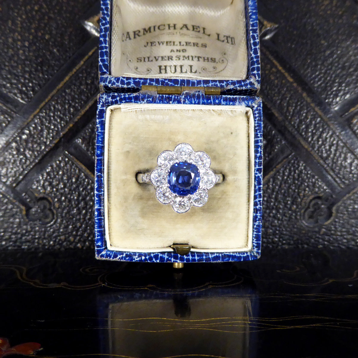 Contemporary Edwardian Style 1.50ct Sapphire and 1.10ct Diamond Cluster Ring in Platinum - Wharfedale Antiques