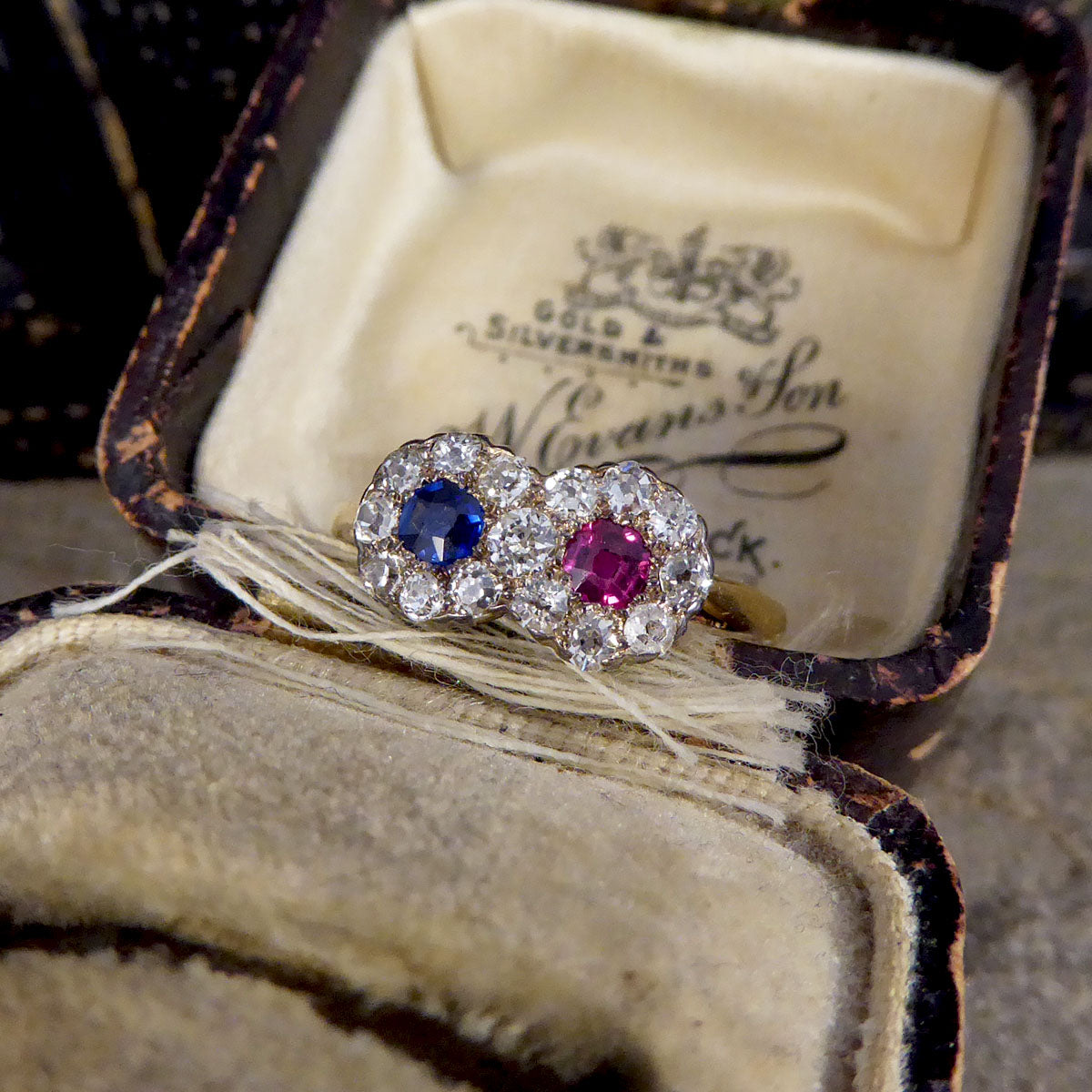 Edwardian Double Sapphire and Ruby Diamond Daisy Cluster Ring in 18ct Yellow Gold - Wharfedale Antiques