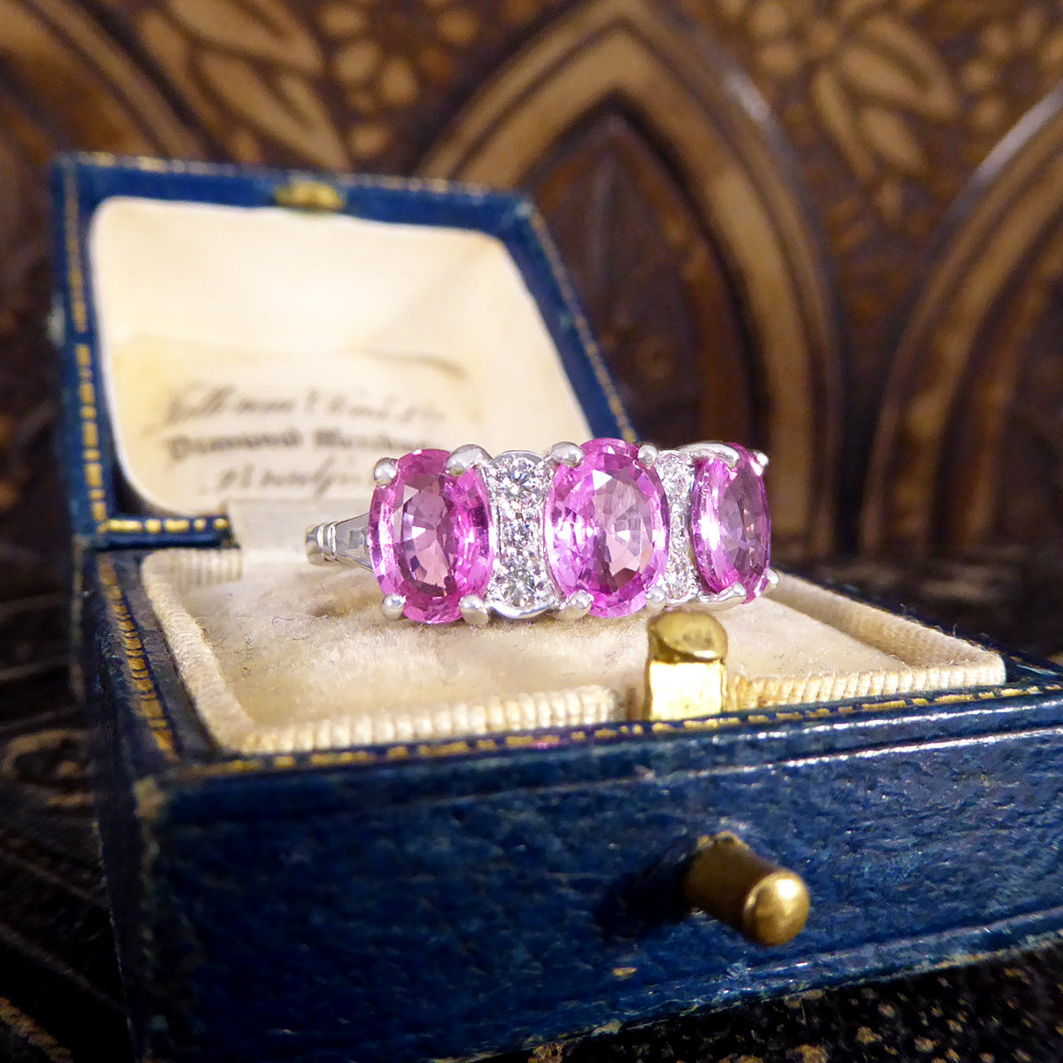 Pink Sapphire Three Stone Ring with Diamond Spacers in 18ct White Gold - Wharfedale Antiques
