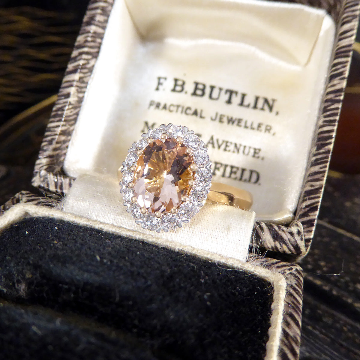 1.82ct Pink Morganite and Diamond Cluster Ring in 18ct White and Rose Gold - Wharfedale Antiques