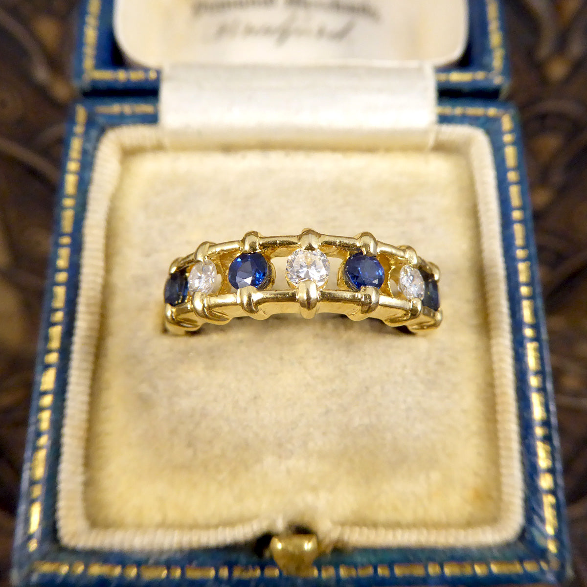 Unusual Sapphire and Diamond Spacer Ring in 18ct Yellow Gold