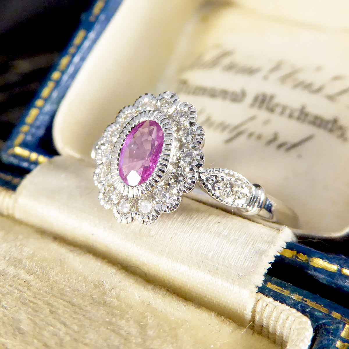INSTAGRAM GIVEAWAY Pink Sapphire and Diamond Cluster Ring Mounted in Platinum - Wharfedale Antiques