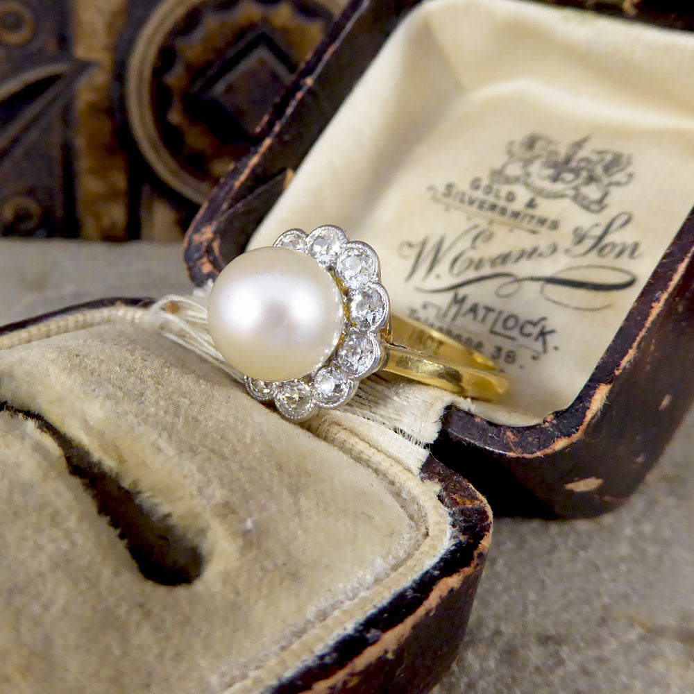 1930's Cultured Pearl and Diamond Cluster Ring in 18ct Gold - Wharfedale Antiques