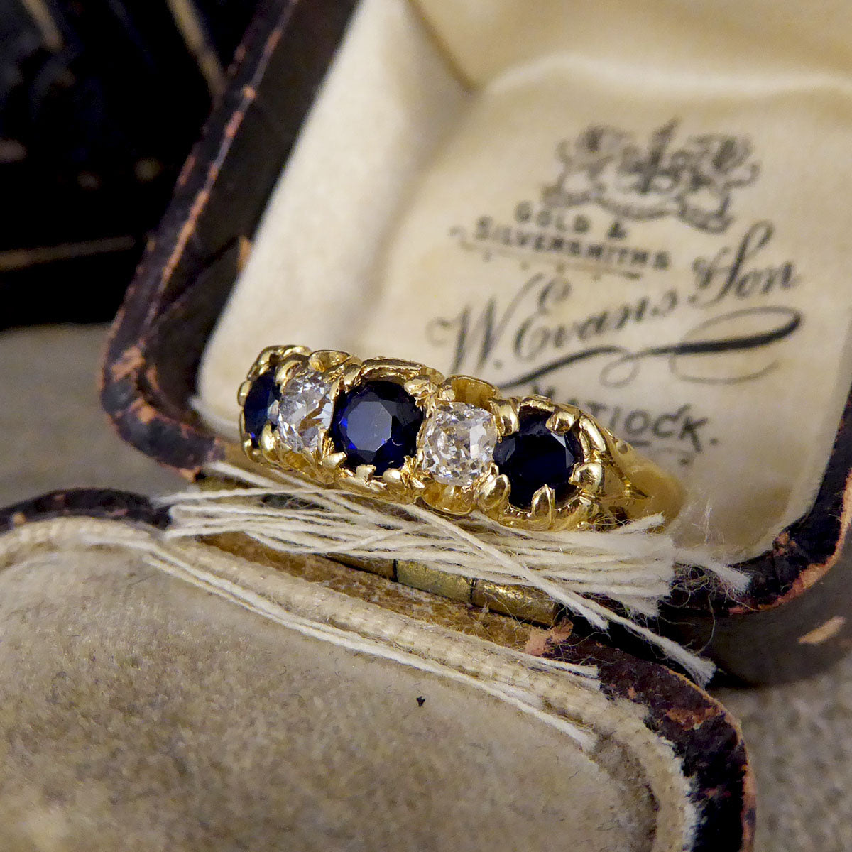 Antique Late Victorian Sapphire and Diamond Five Stone Ring in 18ct Yellow Gold - Wharfedale Antiques