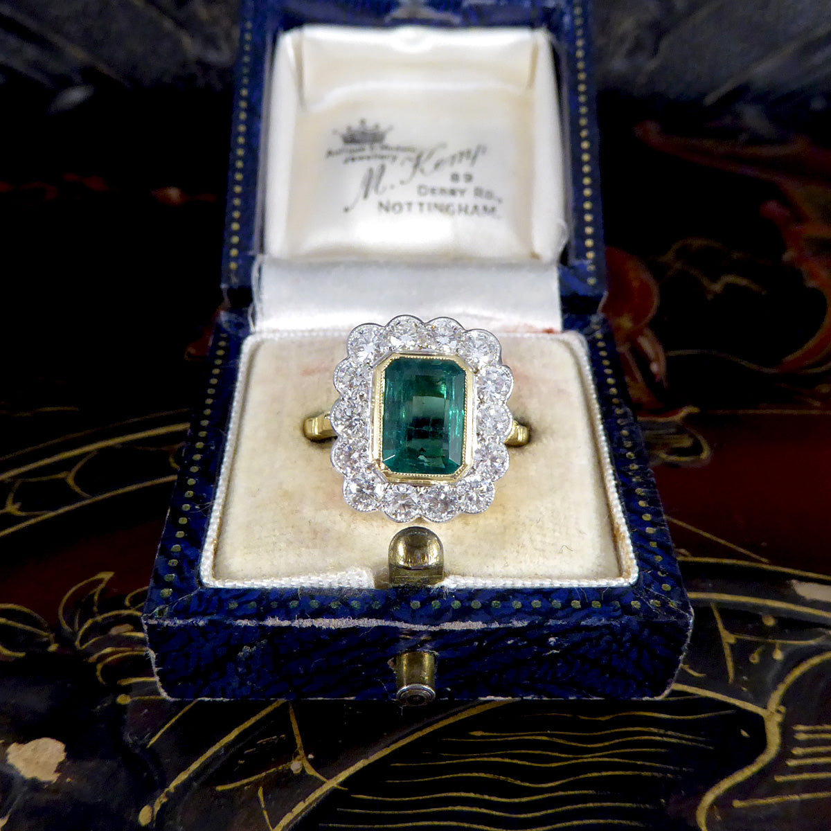 Contemporary Edwardian Style 2.50ct Emerald and 1.20ct Diamond Cluster Ring in 18ct Gold - Wharfedale Antiques