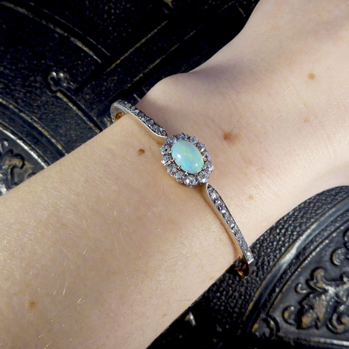 Late Victorian Opal and Diamond Cluster Bangle in 14ct Yellow Gold and Silver