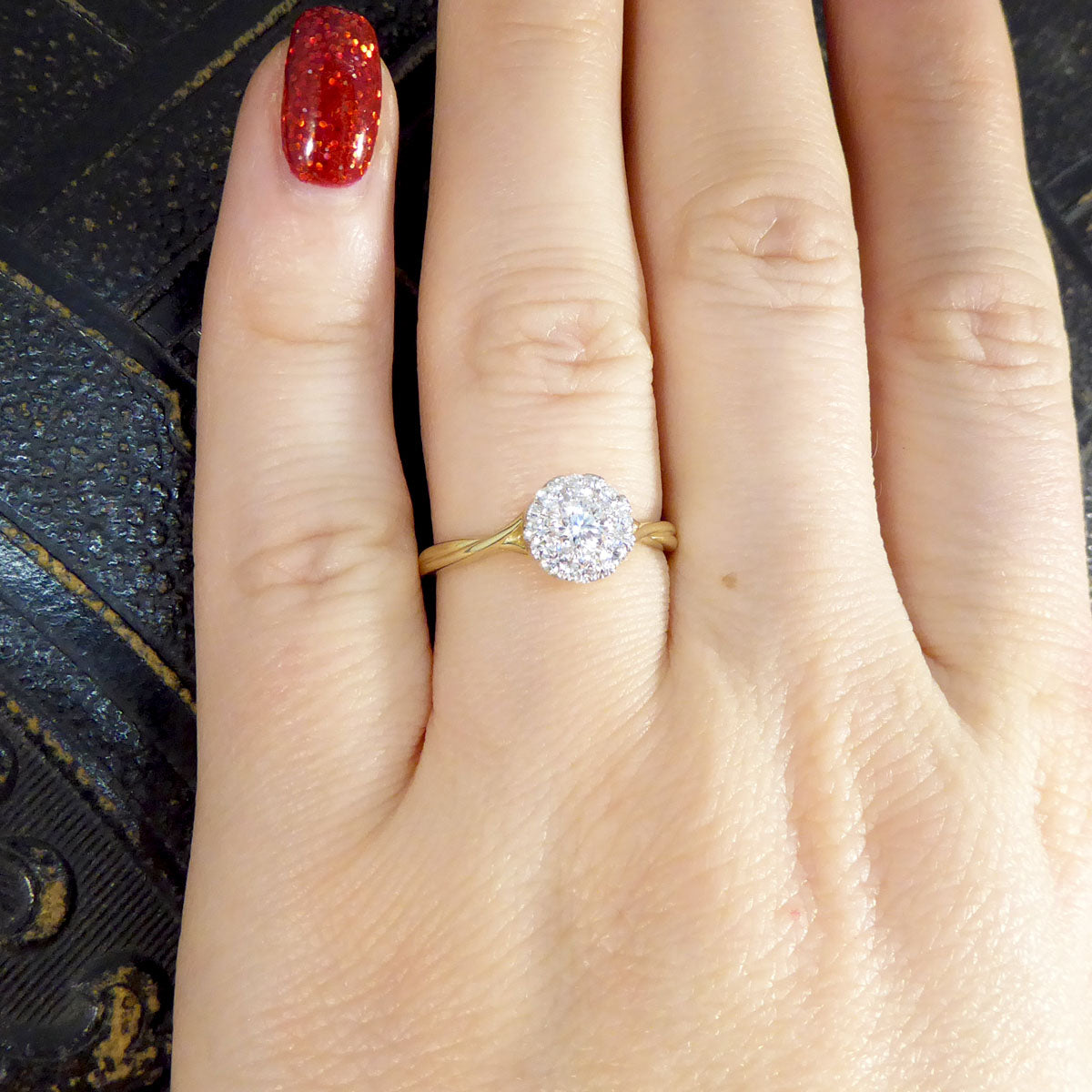 Contemporary 0.50ct Diamond Cluster and 1.75ct Solitaire Look Ring in Yellow Gold - Wharfedale Antiques