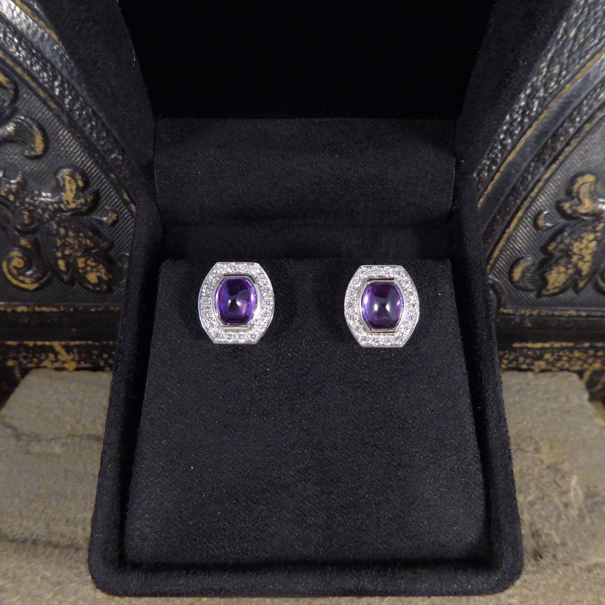 3.40ct Cabochon Cut Purple Sapphire and Diamond Halo Cluster Stud Earrings - Wharfedale Antiques