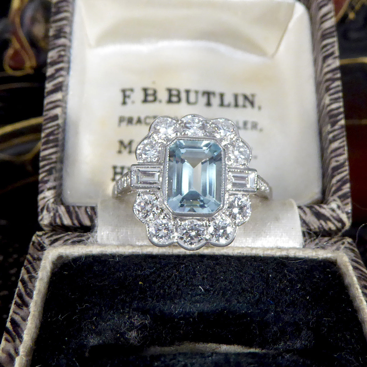 Contemporary Edwardian Style 1.30ct Aquamarine and Diamond Ring in Platinum - Wharfedale Antiques