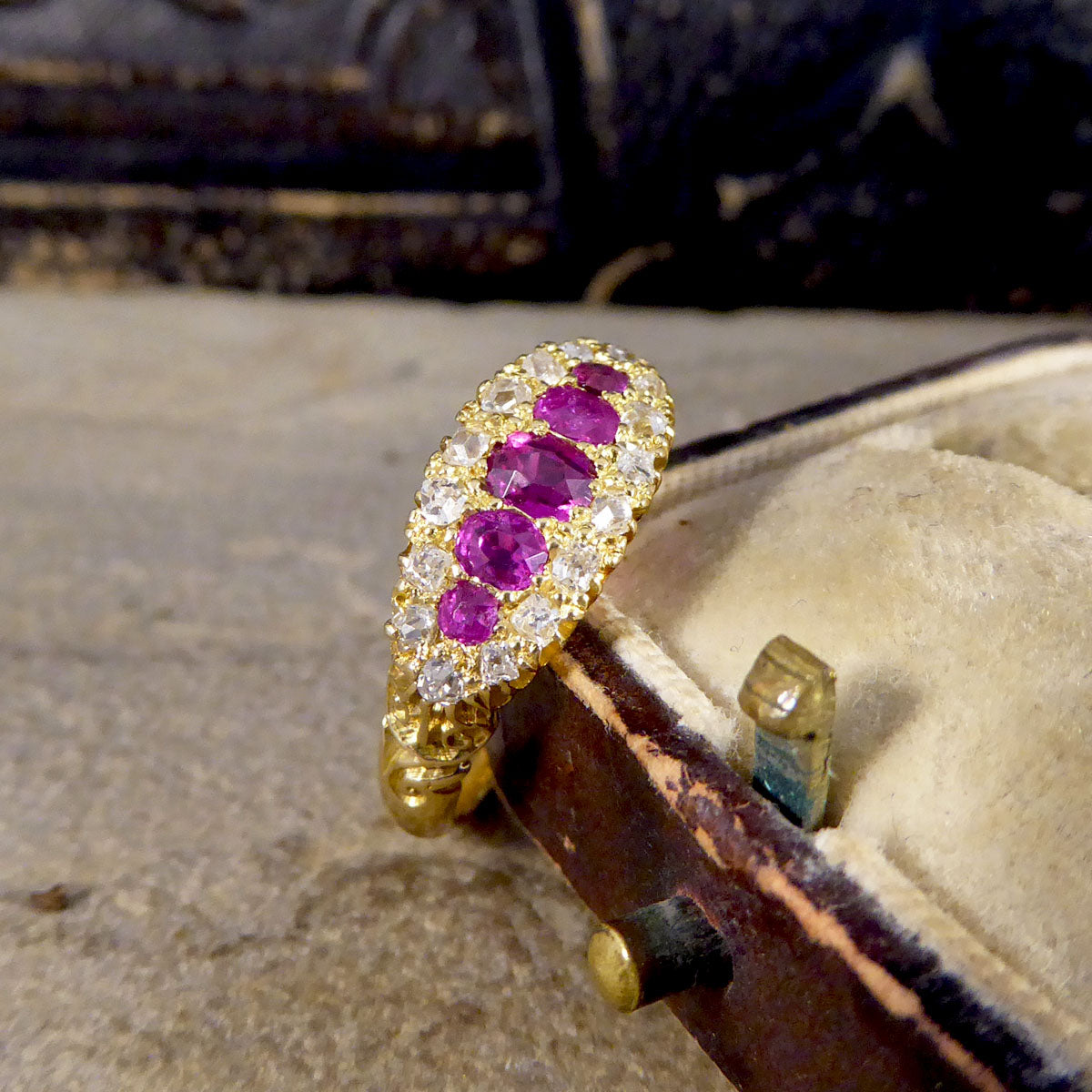 Late Victorian Ruby Five Stone and Diamond Cluster Ring in 18ct Yellow Gold - Wharfedale Antiques