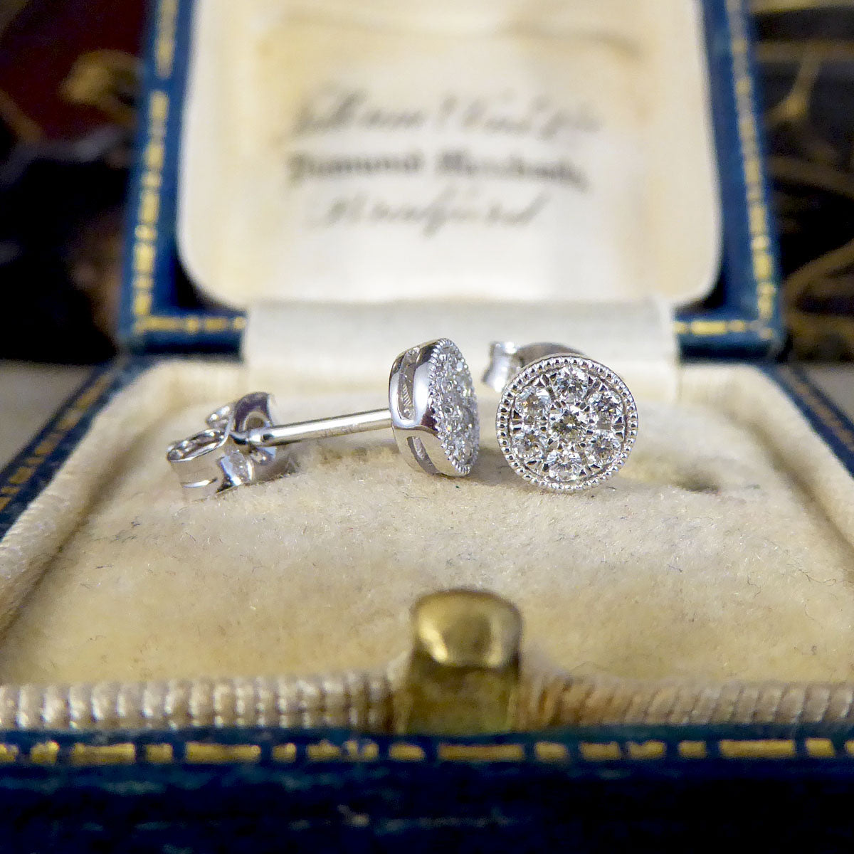 Diamond Cluster Stud Earrings in 9ct White Gold Milgrain Circular Setting - Wharfedale Antiques