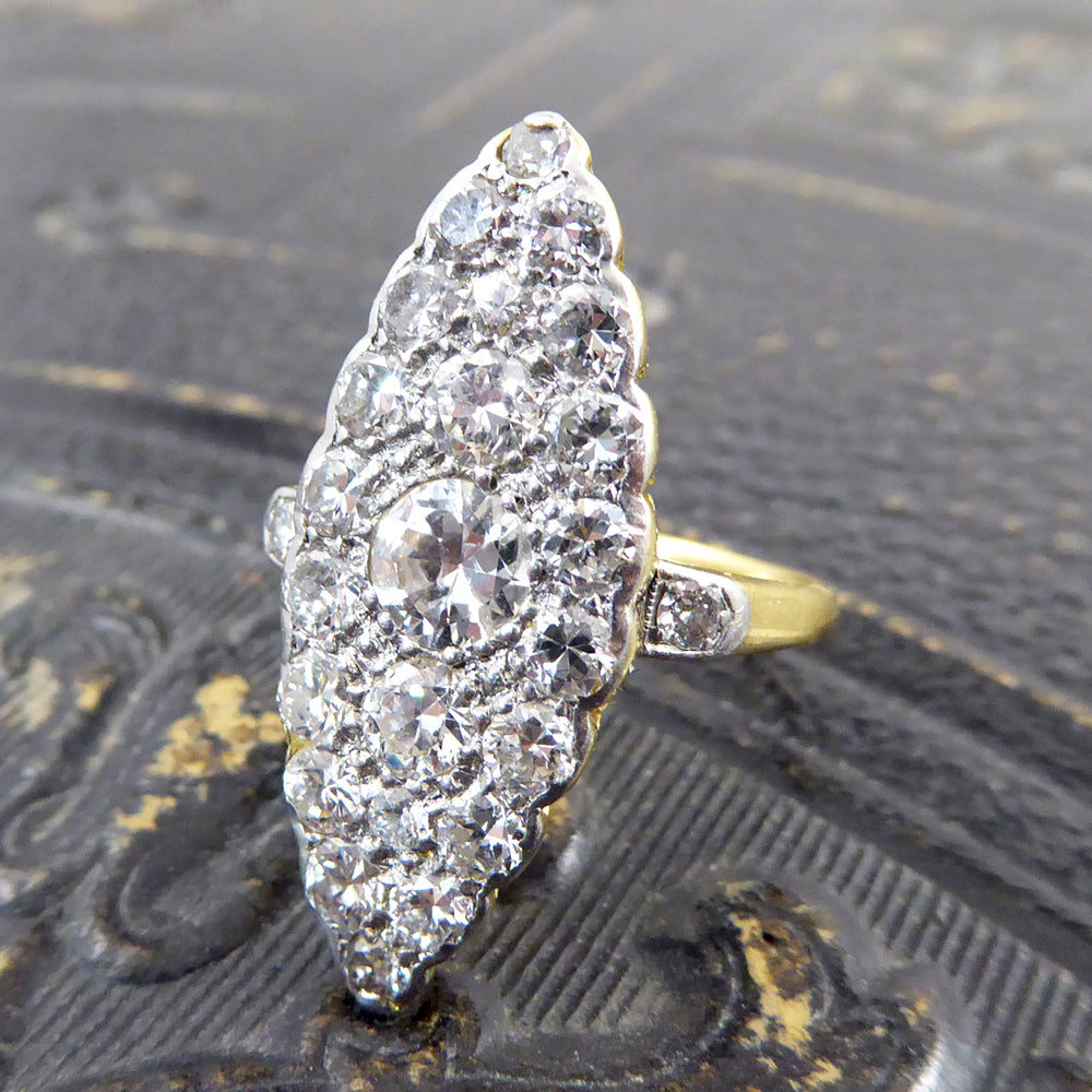 Edwardian 2.3ct Diamond Marquise Shaped Ring in 18ct Yellow Gold and Platinum - Wharfedale Antiques
