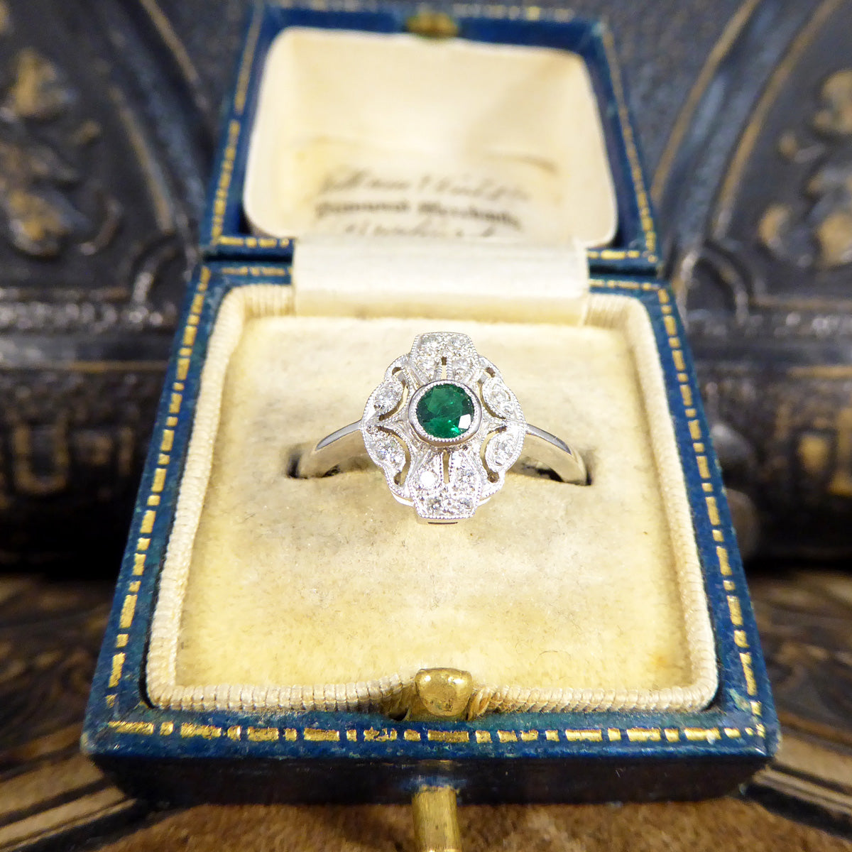 Premium Period Art Deco Replica Emerald and Diamond Plaque Ring in 18ct White Gold - Wharfedale Antiques