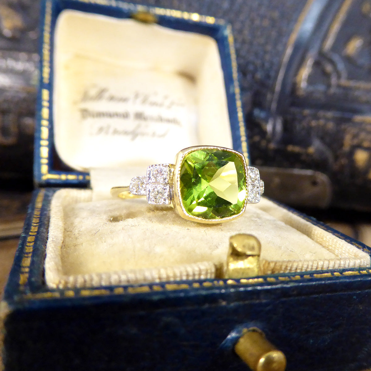 Edwardian Style Collar Set 2.12ct Peridot and Diamond Ring in 18ct White and Yellow Gold - Wharfedale Antiques
