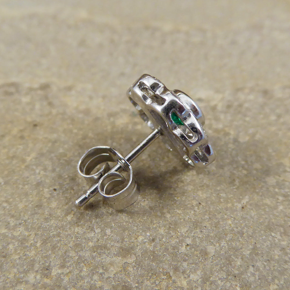 Contemporary Emerald and Diamond Cluster Earrings in 18ct White Gold - Wharfedale Antiques
