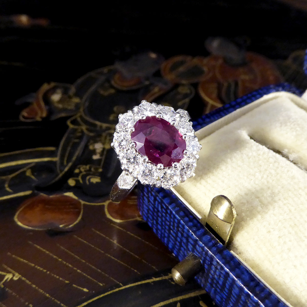 Contemporary 1.28ct Ruby and 0.95ct Diamond Cluster Ring in Platinum - Wharfedale Antiques