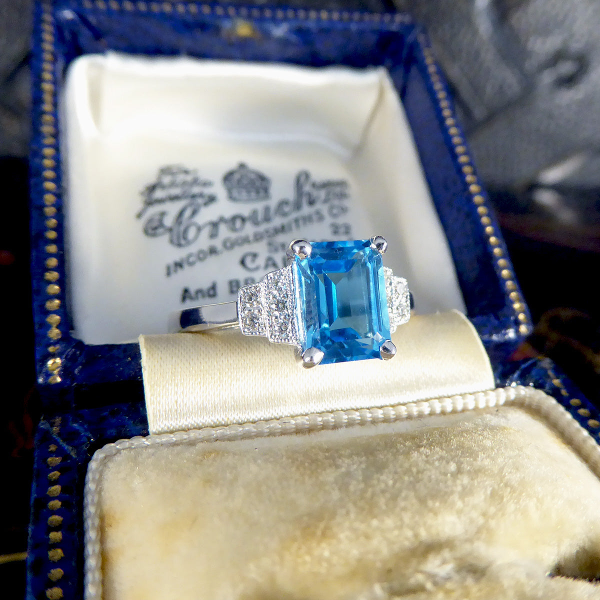 Art Deco Replica Blue Topaz and Diamond Ring in 9ct White Gold - Wharfedale Antiques