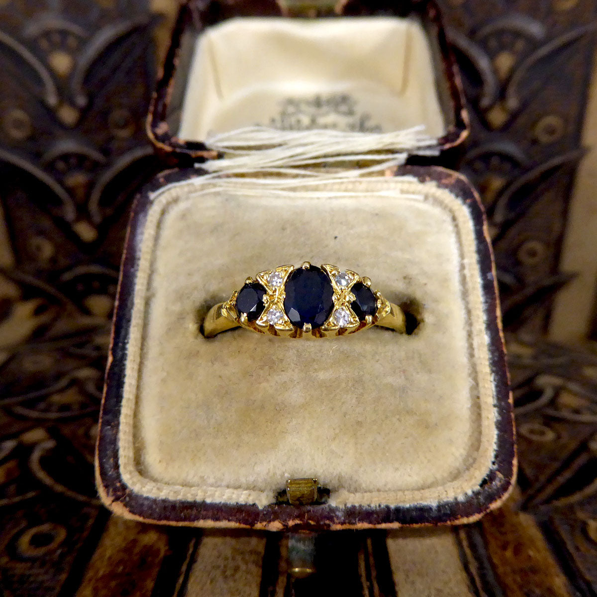 Antique Sapphire and Diamond Boat Ring in 18ct Yellow Gold - Wharfedale Antiques