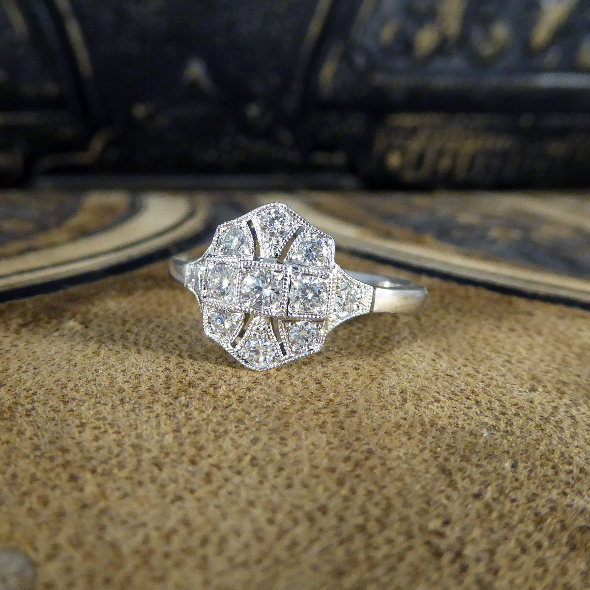 Quality Art Deco Replica Diamond Plaque Ring in 18ct White Gold - Wharfedale Antiques