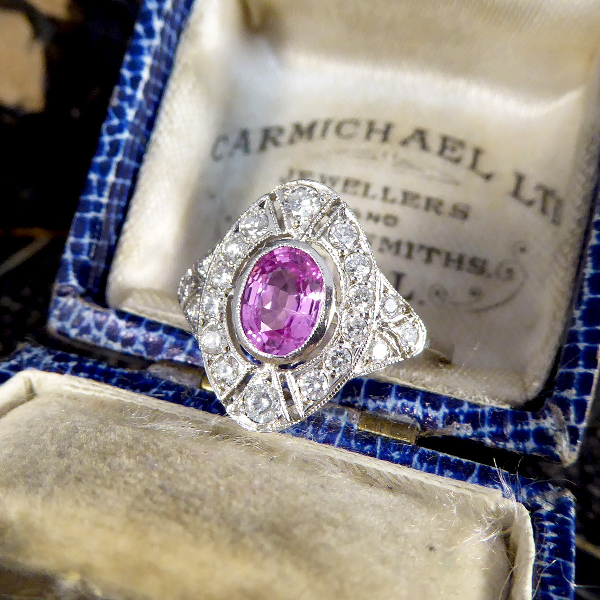Art Deco Style Pink Sapphire and Diamond Navette Shaped Plaque Ring in Platinum - Wharfedale Antiques