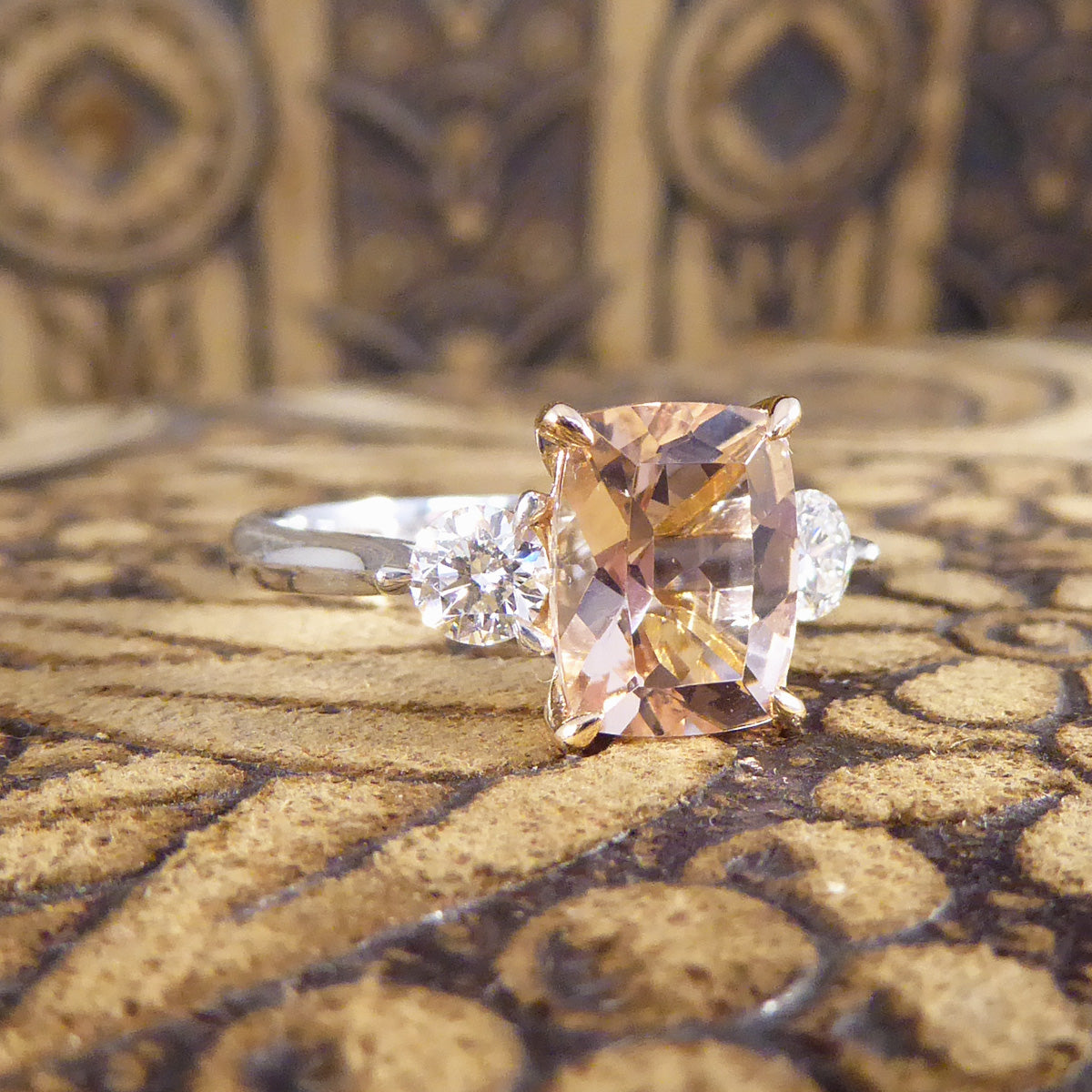 1.75ct Cushion Cut Pink Morganite and Diamond Three Stone Ring in 18ct Rose and White Gold - Wharfedale Antiques