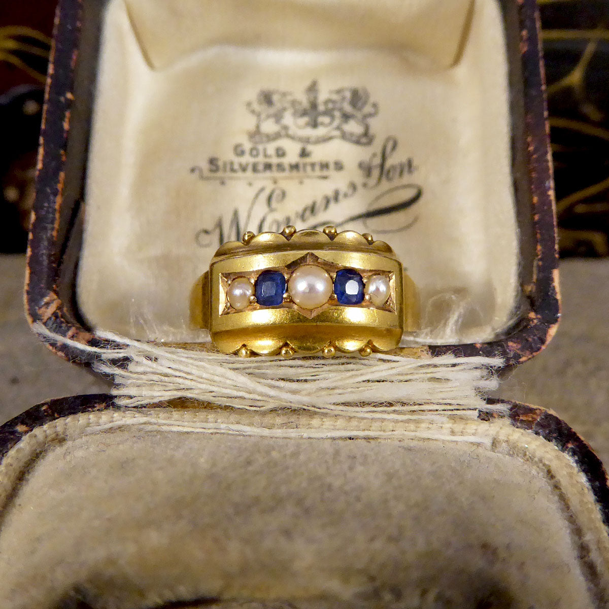 Antique Late Victorian Sapphire and Pearl Five Stone Ring in 15ct Yellow Gold - Wharfedale Antiques