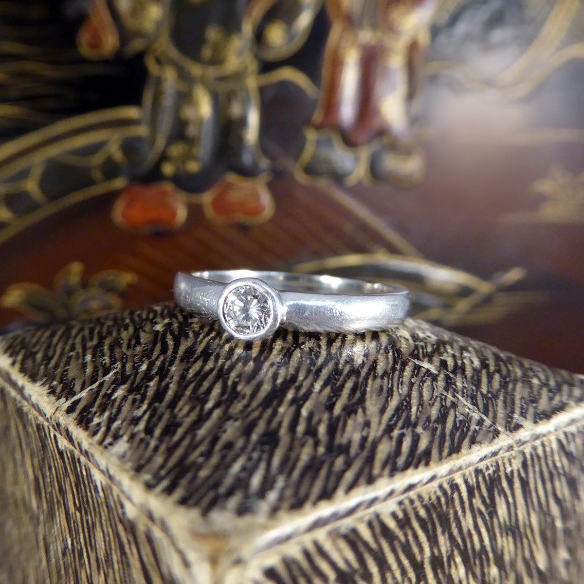 Vintage Rub Over Collar Set Diamond Solitaire Ring in Platinum - Wharfedale Antiques