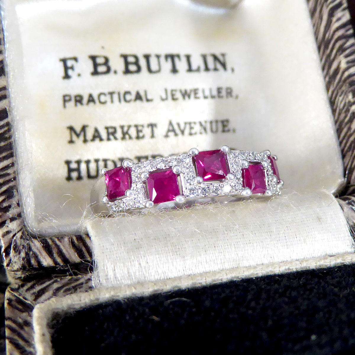 Alternate Ruby and Diamond Band Ring in 18ct White Gold - Wharfedale Antiques