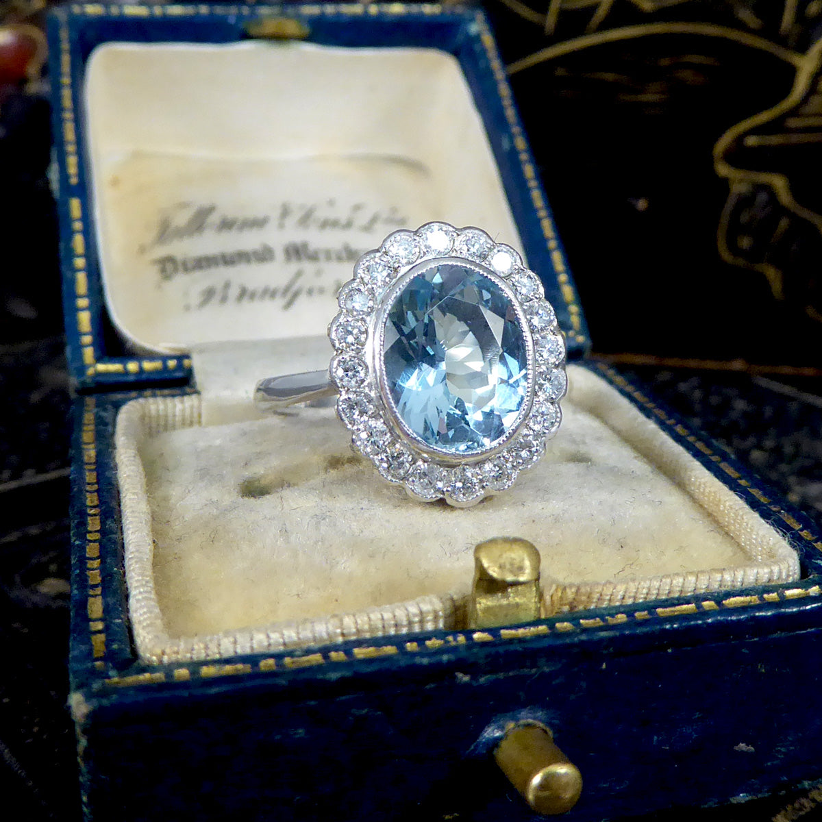Edwardian Inspired 2.25ct Aquamarine and Diamond Cluster Ring in Platinum - Wharfedale Antiques