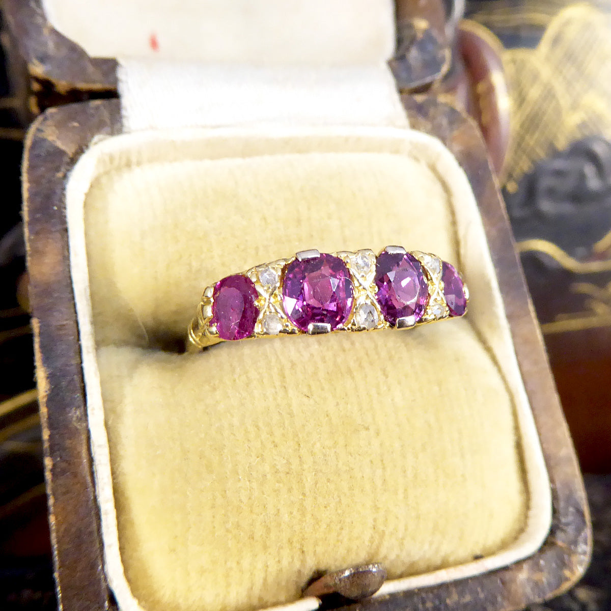 Antique Edwardian 1.18ct Ruby Four Stone Ring with Diamond Spacers Modelled in 18ct Yellow Gold - Wharfedale Antiques