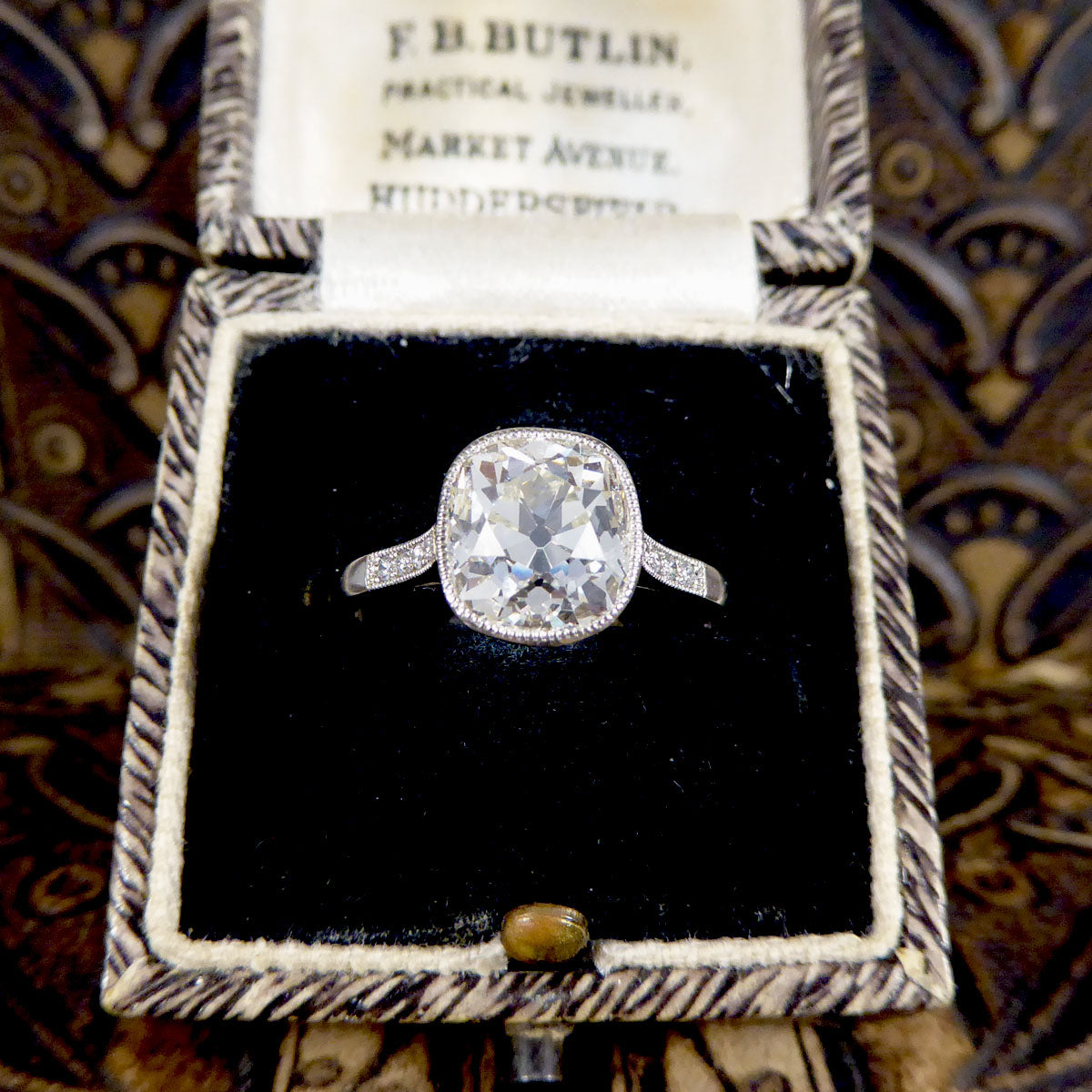2.35ct Old Cushion Cut Diamond Collar Set Solitaire Engagement Ring with Diamond Shoulders in Platinum - Wharfedale Antiques