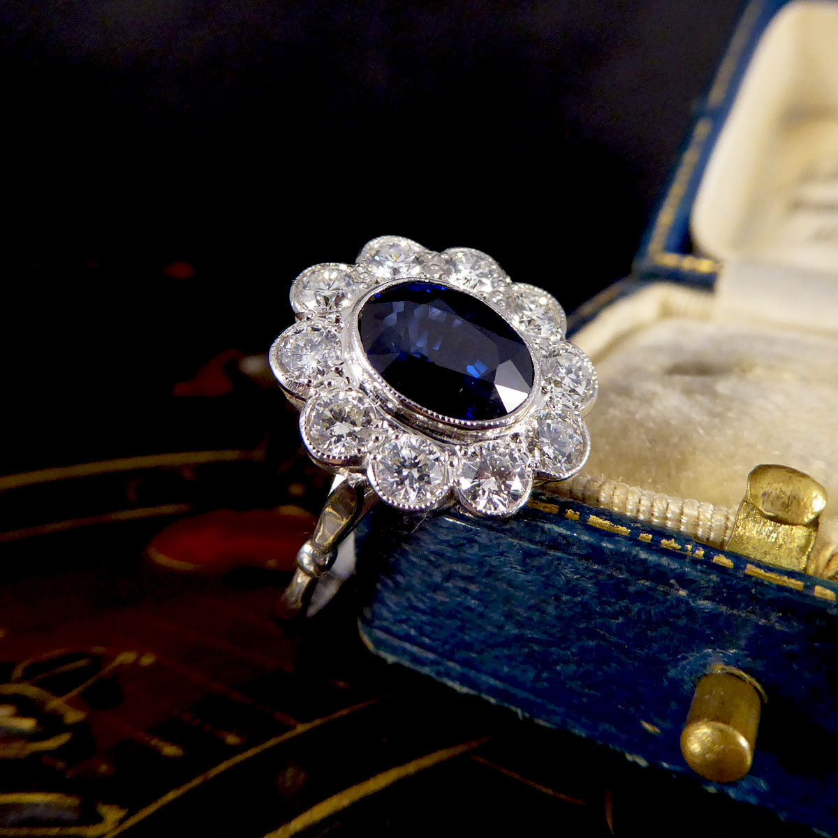 2.07ct Sapphire and 0.95ct Total Diamond Cluster Ring in Platinum - Wharfedale Antiques