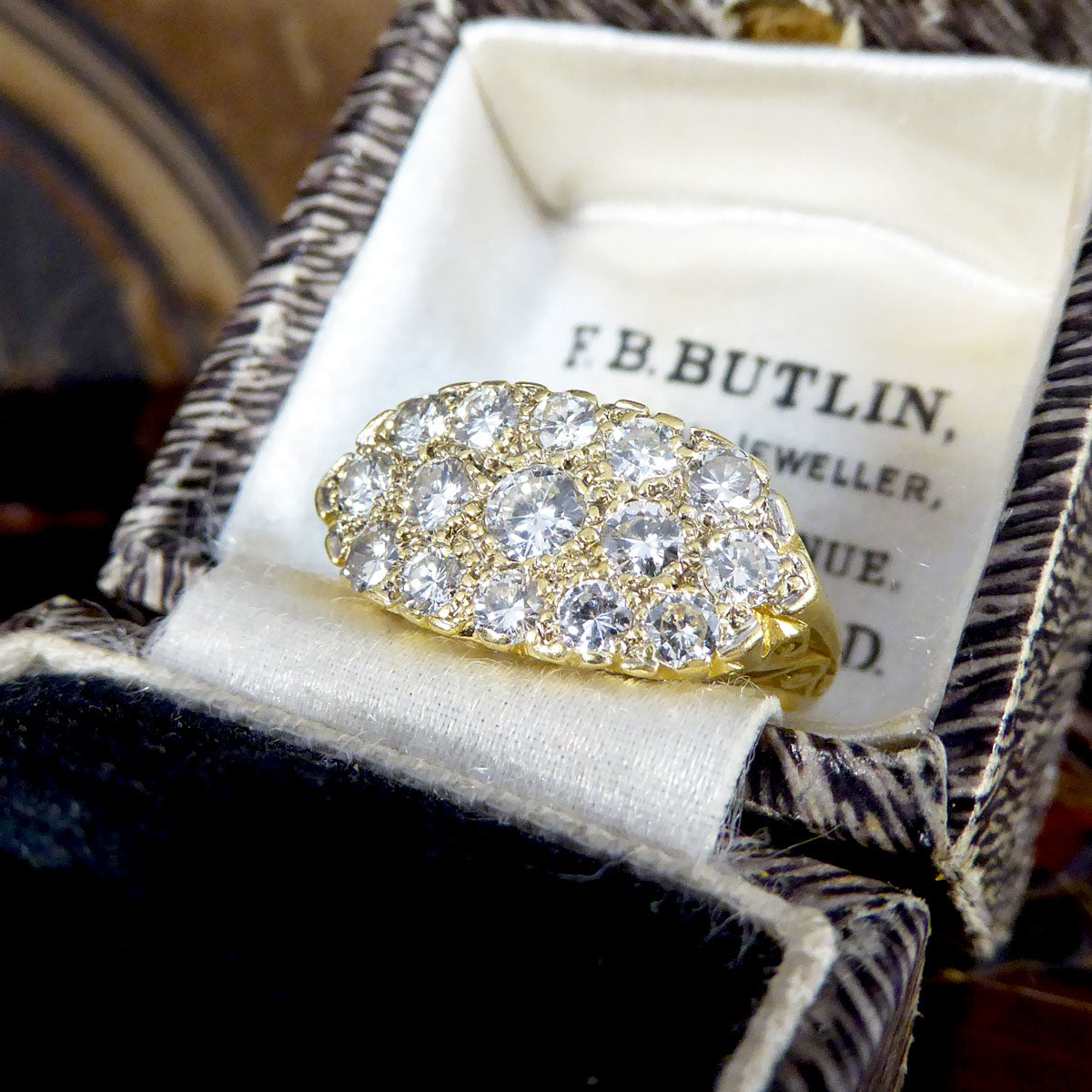 1.40ct Diamond Three Row Cluster Ring with Detailed Gallery in 18ct Yellow Gold - Wharfedale Antiques