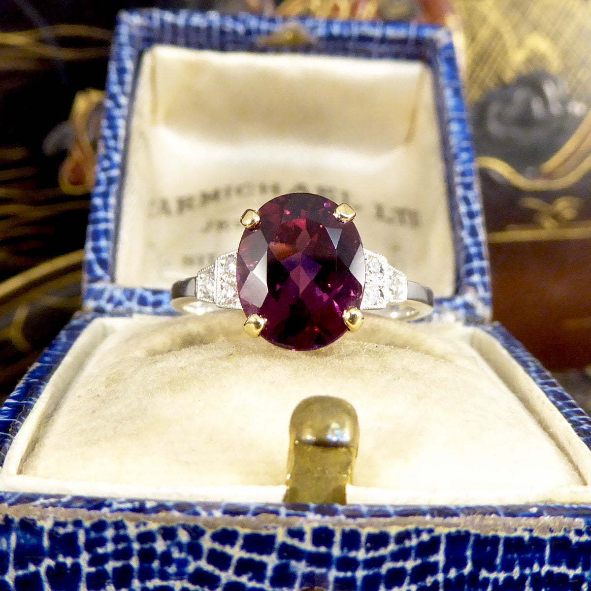 Premium Period Deco Replica 2.77ct Raspberry Red Tourmaline and Diamond Ring in 18ct White and Yellow Gold - Wharfedale Antiques