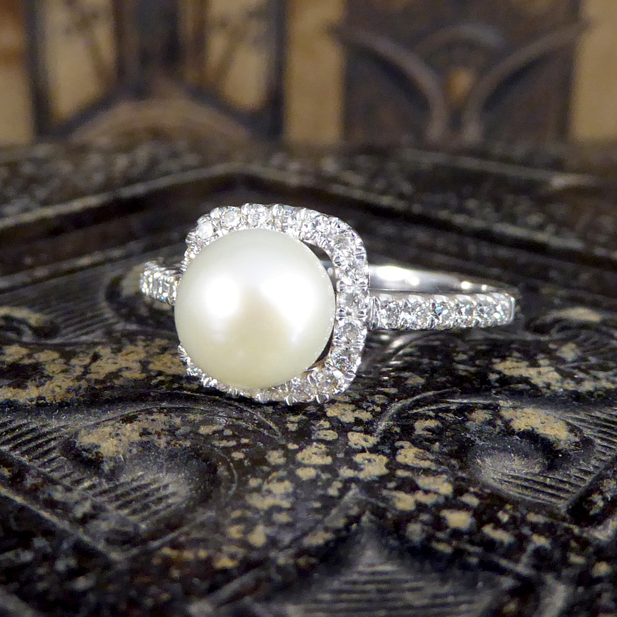 Fresh Water Culture Pearl and Diamond Square Halo Ring in White Gold - Wharfedale Antiques