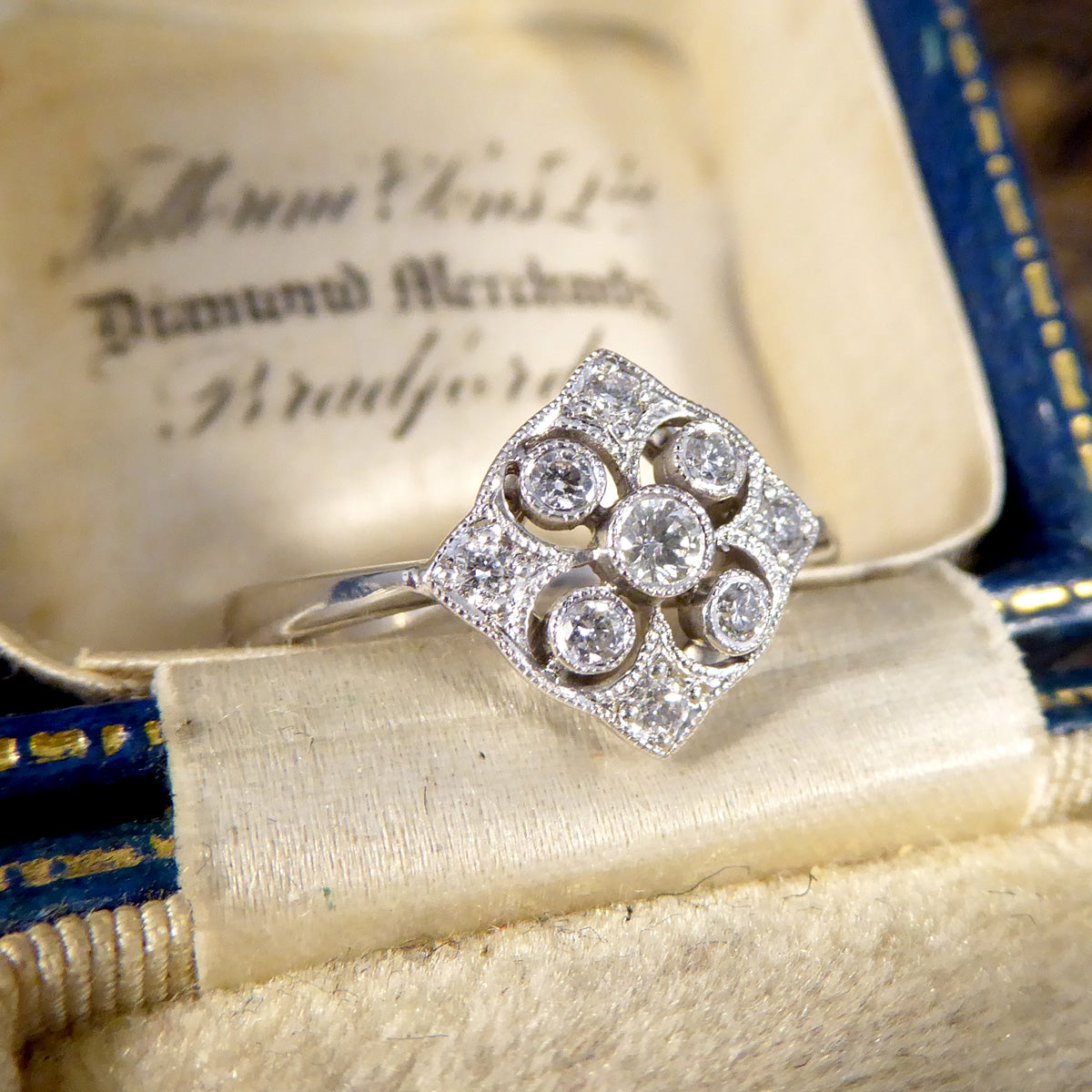 1920's Period Replica Geometric Pattern Diamond Ring in 18ct White Gold - Wharfedale Antiques