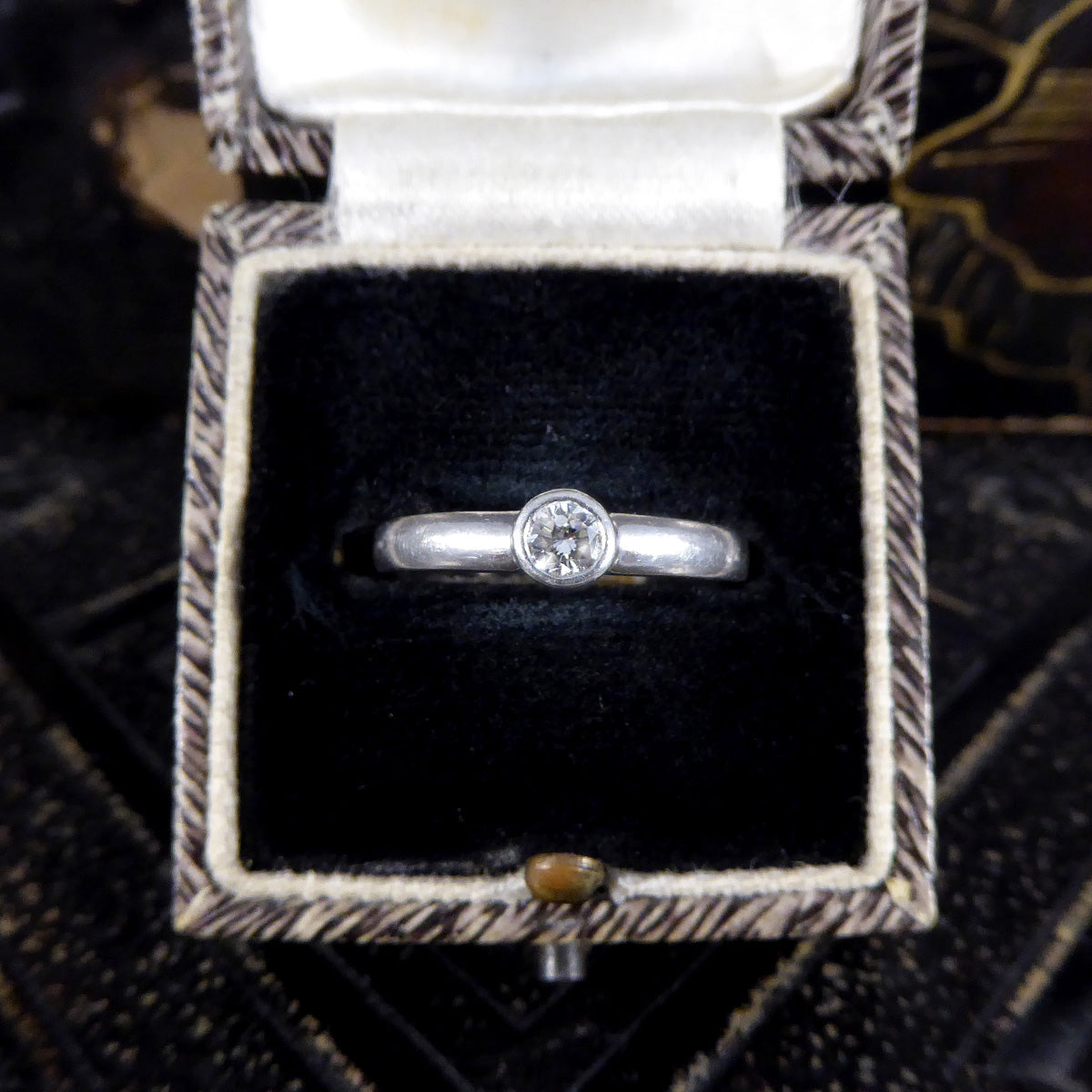 Vintage Rub Over Collar Set Diamond Solitaire Ring in Platinum - Wharfedale Antiques
