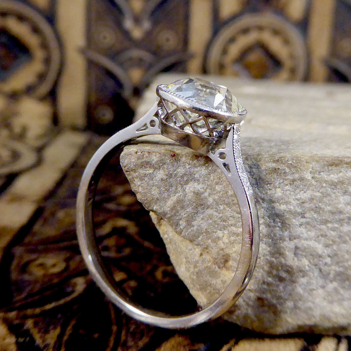 2.35ct Old Cushion Cut Diamond Collar Set Solitaire Engagement Ring with Diamond Shoulders in Platinum - Wharfedale Antiques