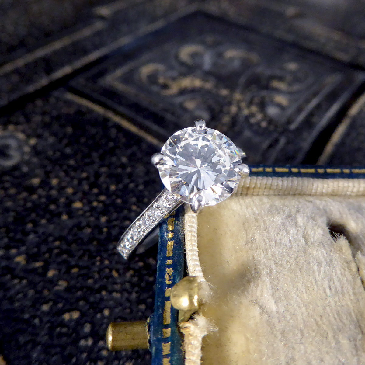 1.91ct Brilliant Cut Diamond Solitaire Engagement Ring with Diamond Shoulders in Platinum - Wharfedale Antiques