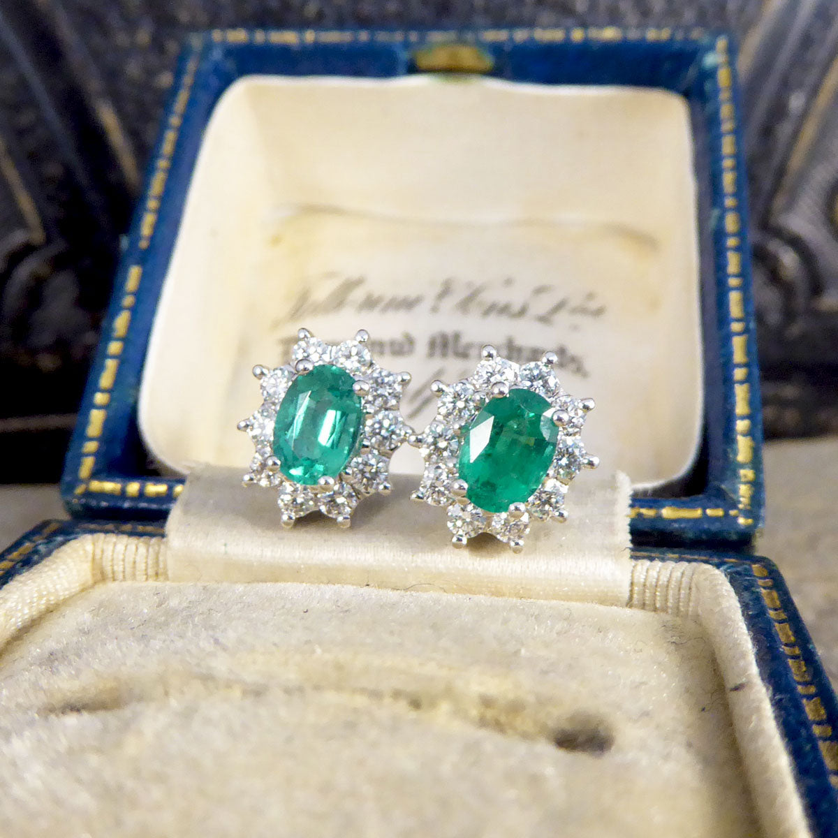 Contemporary Emerald and Diamond Cluster Earrings in 18ct White Gold - Wharfedale Antiques