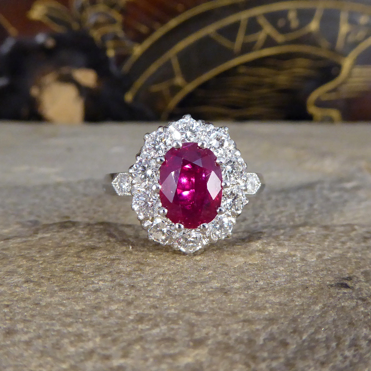 Contemporary 1.28ct Ruby and 0.95ct Diamond Cluster Ring in Platinum - Wharfedale Antiques