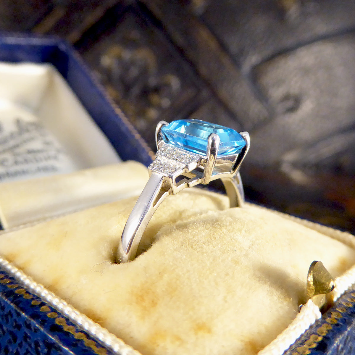Art Deco Replica Blue Topaz and Diamond Ring in 9ct White Gold - Wharfedale Antiques