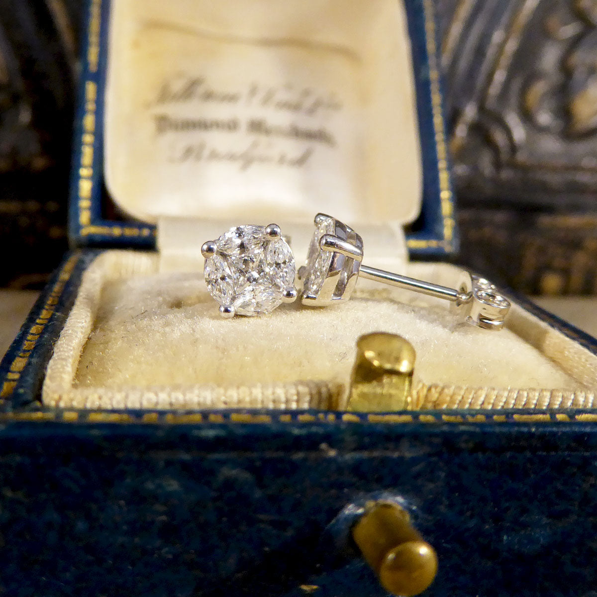Contemporary 0.50ct Diamond Cluster and 1.50ct Look Earrings in White Gold - Wharfedale Antiques