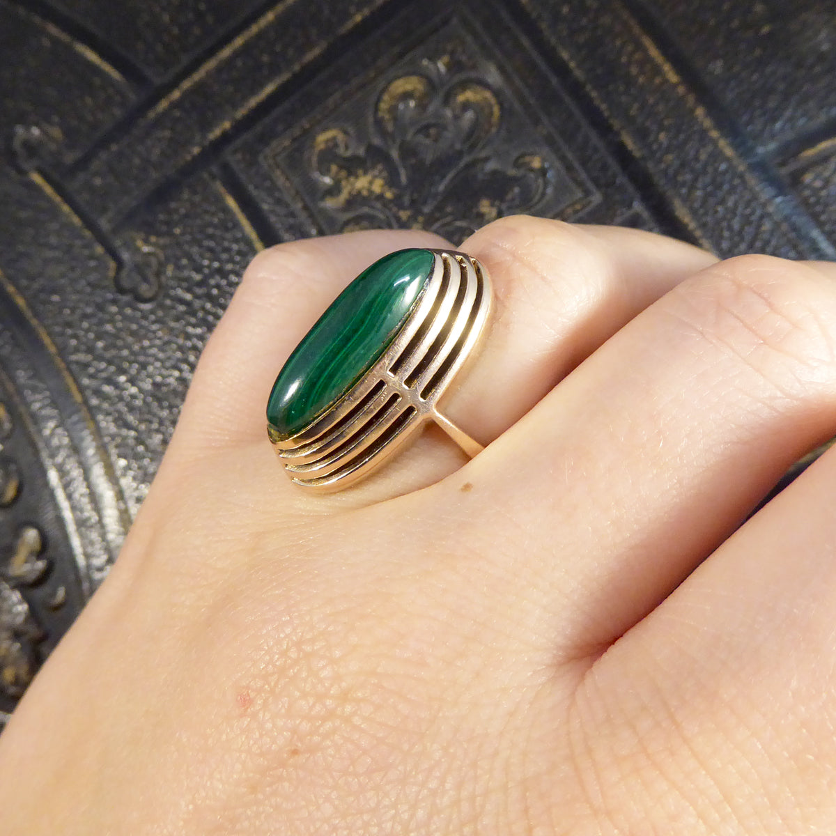 Art Deco High Set Malachite Ring in 9ct Yellow Gold - Wharfedale Antiques